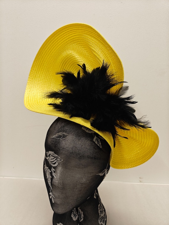 yellow black large straw fascinator flower millinery burlesque wedding hat on headband ascot party race cosplay handmade unique design