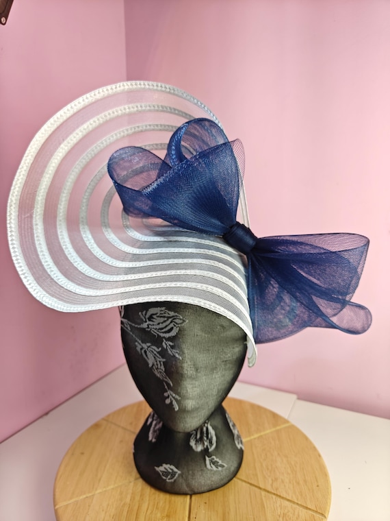 white navy straw crinoline bow fascinator millinery burlesque wedding hat headband royal ascot party house race cosplay Kentucky derby