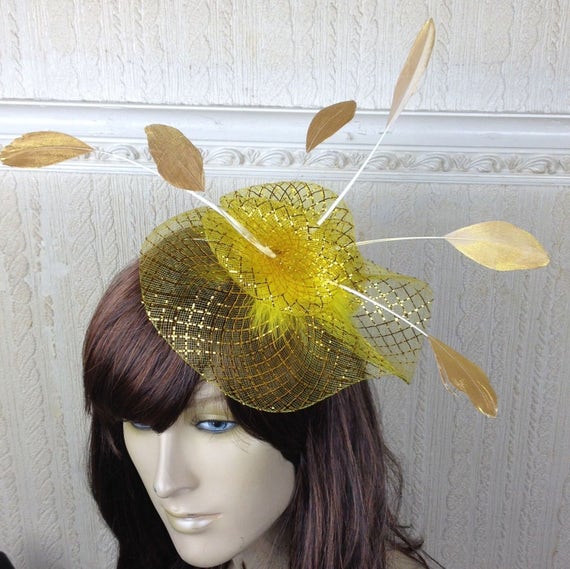 gold feather fascinator millinery burlesque headband wedding hat hair piece