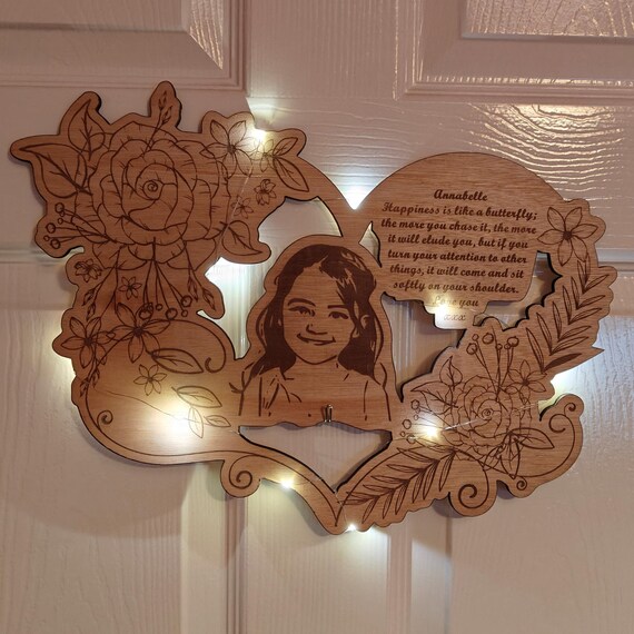custom made personalised bespoke laser cut engraved wood picture photo name word wall door plaque letter number sign logo design fairy light