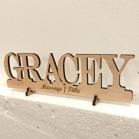 Personalised bespoke custom made laser cut engraved wood name word desk table stand free standing wall door plaque  sign logo design service