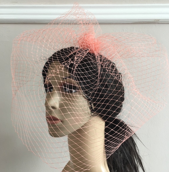 peach coral salmon french veil veiling fascinator millinery burlesque hair clip hen party bridal ascot race fancy dress wedding British hat