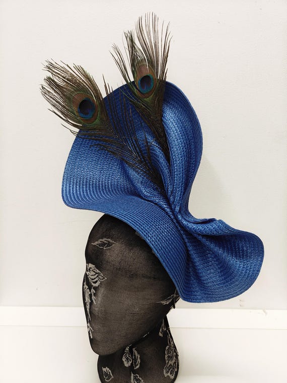 blue large straw fascinator millinery burlesque wedding hat on headband ascot party race cosplay handmade unique design
