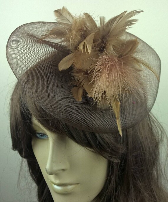 brown feather flower crin netting fascinator millinery burlesque hair clip hen party bridal ascot race fancy dress british
