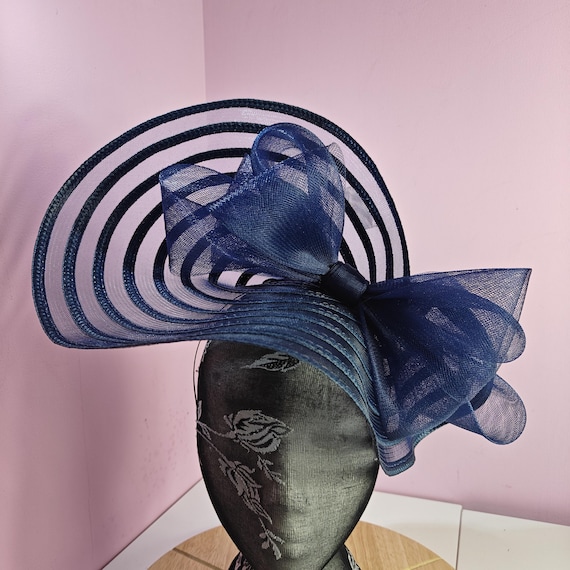 navy blue large fascinator millinery burlesque wedding hat headband party race cosplay handmade Kentucky Derby Royal Ascot
