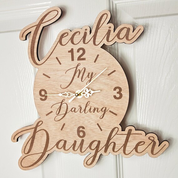custom made personalised bespoke wood wooden laser cut engraved wall clock name word letter message birthday wedding anniversary gift