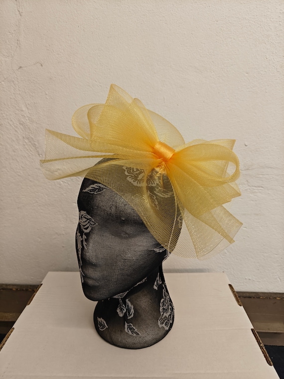 yellow gold feather fascinator millinery burlesque headband wedding hat hair piece
