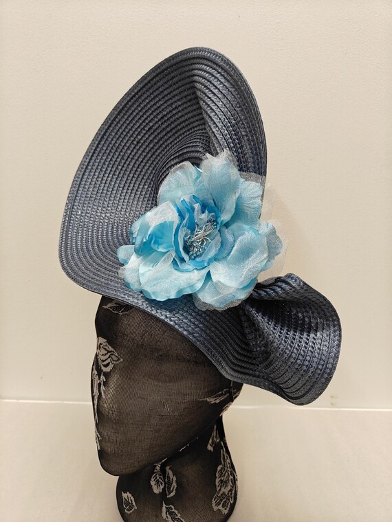 blue large straw fascinator flower millinery burlesque wedding hat on headband ascot party race cosplay handmade unique design