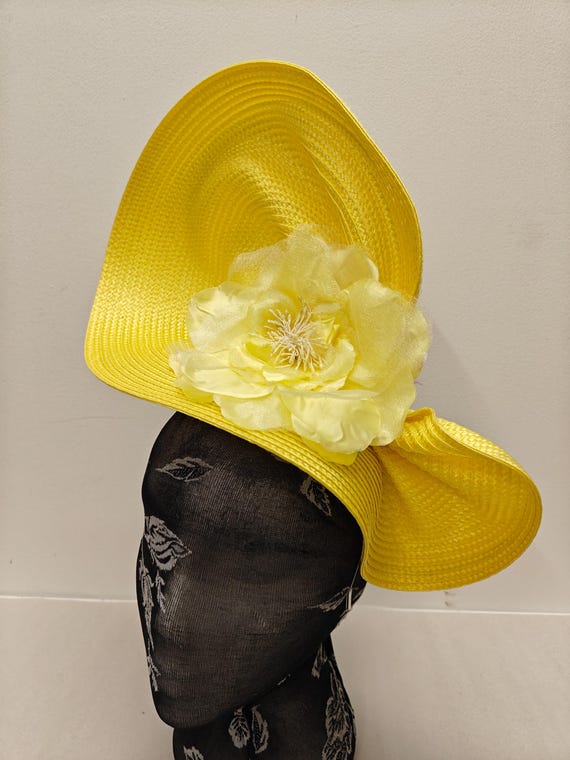 yellow large straw fascinator flower millinery burlesque wedding hat on headband ascot party race cosplay handmade unique design