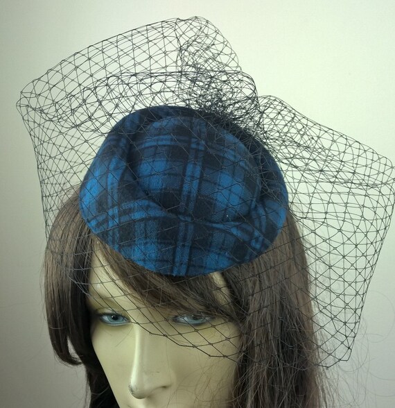 turquoise tartan pill box hat black french veil veiling fascinator millinery burlesque hair clip hen party bridal ascot race fancy dress