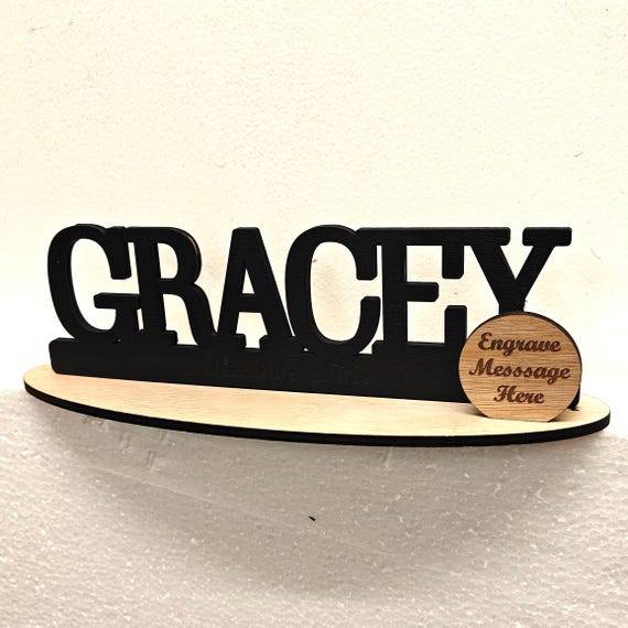 Black personalised custom made laser cut engraved wood wooden letter name word number desk table stand plaque sign logo design office home