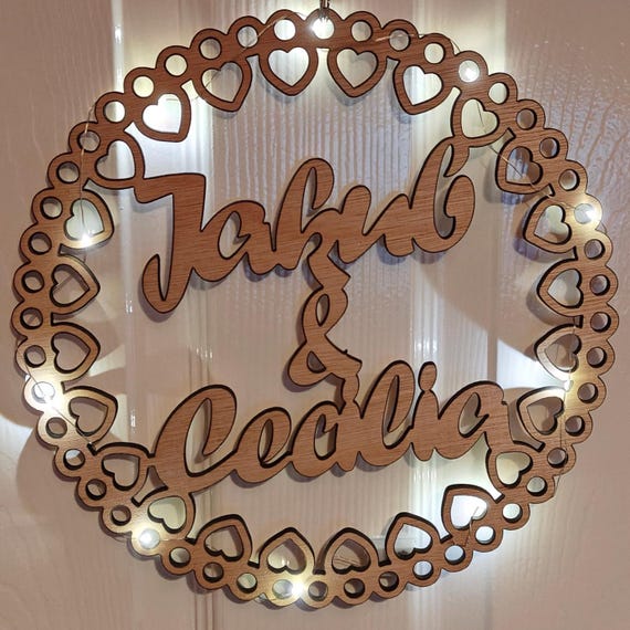 custom made personalised bespoke laser cut plywood wood name word wall door plaque letter number sign logo design wedding fairy light