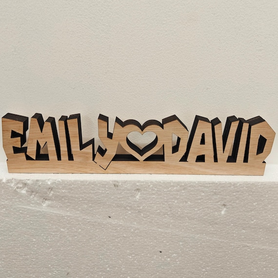 Personalised bespoke love heart laser cut engraved wood name word desk table stand free standing wall door plaque sign logo design service