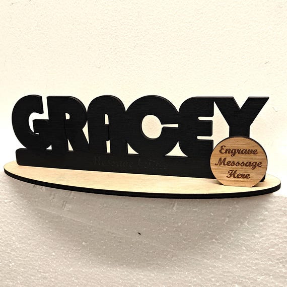 Black personalised custom made laser cut engraved wood wooden letter name word number desk table stand plaque sign logo design office home