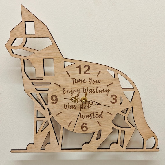 custom made personalised bespoke wood wooden laser cut engraved cat wall clock name word letter message birthday wedding anniversary gift