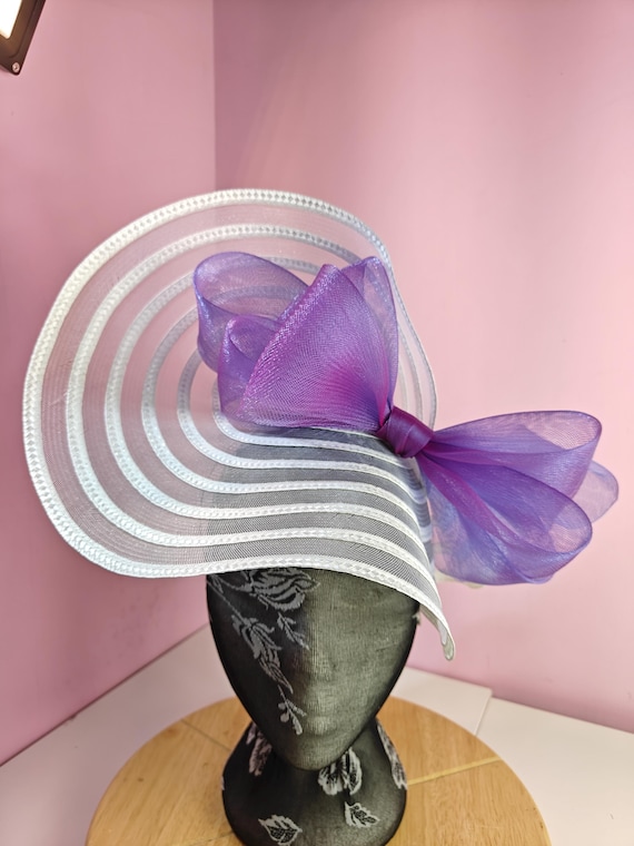 white purple straw crinoline bow fascinator millinery burlesque wedding hat headband royal ascot party house race cosplay Kentucky derby