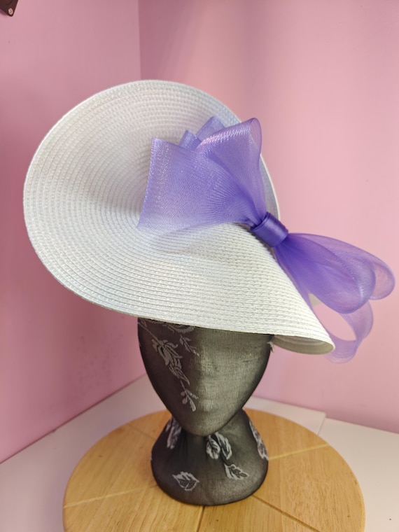white purple straw crinoline bow fascinator millinery burlesque wedding hat on headband royal ascot party house race cosplay Kentucky derby