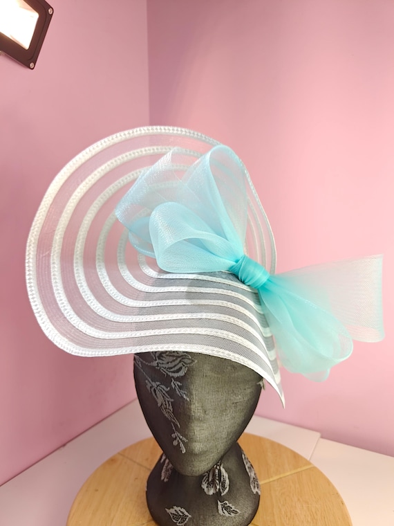 white blue straw crinoline bow fascinator millinery burlesque wedding hat headband royal ascot party house race cosplay Kentucky derby