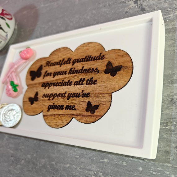Custom hand made personalised bespoke real hard solid wood laser cut engraving plaster gypsum casting jewellery ring trinket key tray dish