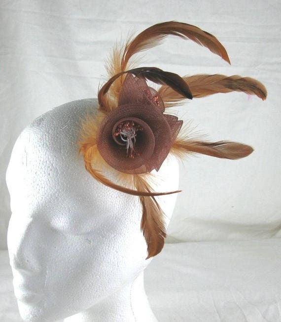 brown tan crin flower netting feather fascinator millinery burlesque hair clip brooch hen party bridal ascot race fancy dress british