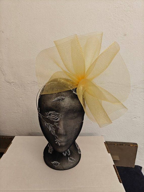 yellow gold feather fascinator millinery burlesque headband wedding hat hair piece