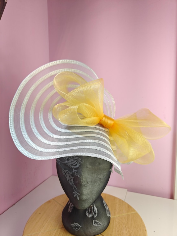 white gold straw crinoline bow fascinator millinery burlesque wedding hat headband royal ascot party house race cosplay Kentucky derby