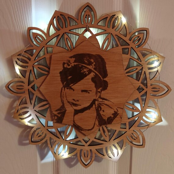 personalised picture photo name message wooden mandala flower pattern wall door decoration laser cut engraved home art wood sign fairy light