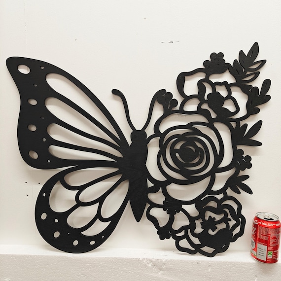 674mm x 550mm black wooden butterfly flower wall door decoration hanging picture laser cut 5mm plywood home art wood sign deco craft large