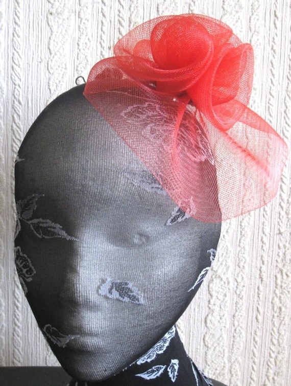 red crin flower netting fascinator millinery burlesque hair clip brooch hen party bridal ascot race fancy dress british