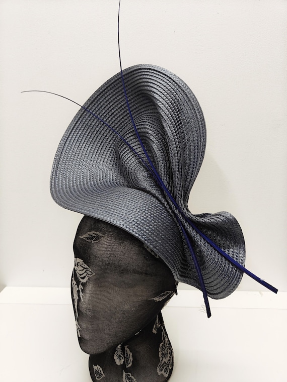 blue large straw fascinator millinery burlesque wedding hat on headband ascot party race cosplay handmade unique design
