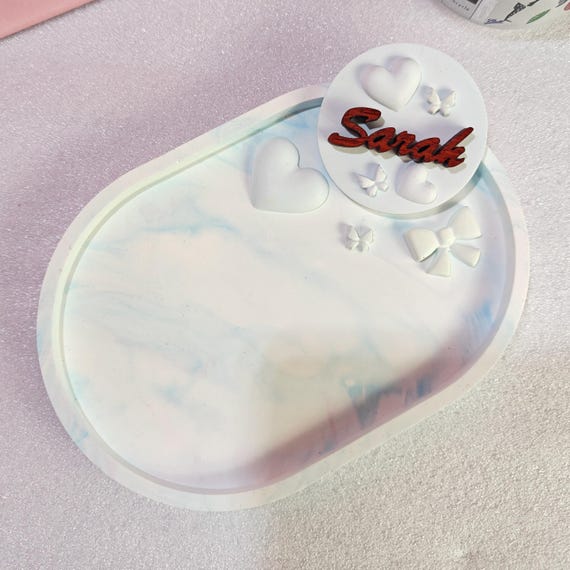 Custom hand made personalised bespoke real hard solid wood laser cut name word plaster gypsum jewellery coin trinket key tray dish plate