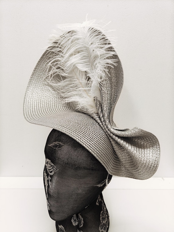 grey silver large straw fascinator millinery burlesque wedding hat on headband ascot party race cosplay handmade unique design