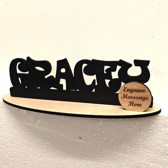 Black personalised custom made laser cut engraved wood wooden letter name word number desk table stand plaque sign logo design office home