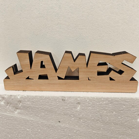 Personalised bespoke custom made laser cut engraved wood name word desk table stand free standing wall door plaque  sign logo design service
