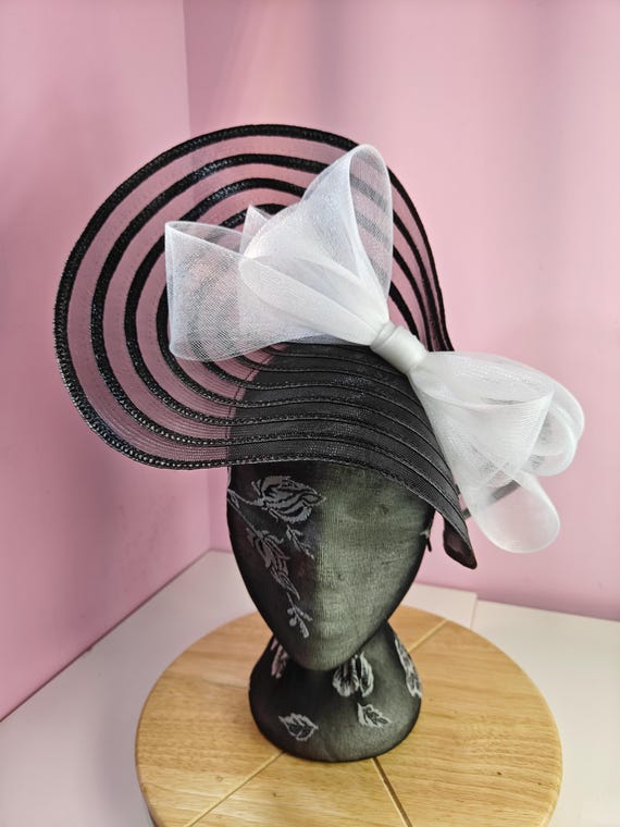 black black straw crinoline bow fascinator millinery burlesque wedding hat headband royal ascot party house race cosplay Kentucky derby