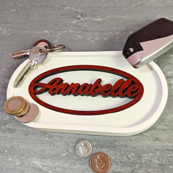 Custom hand made personalised bespoke real hard solid padauk wood laser cut name word plaster gypsum jewellery trinket key tray dish plate