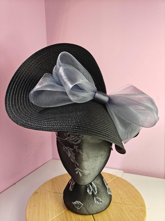 black grey straw crinoline bow fascinator millinery burlesque wedding hat on headband royal ascot party house race cosplay Kentucky derby