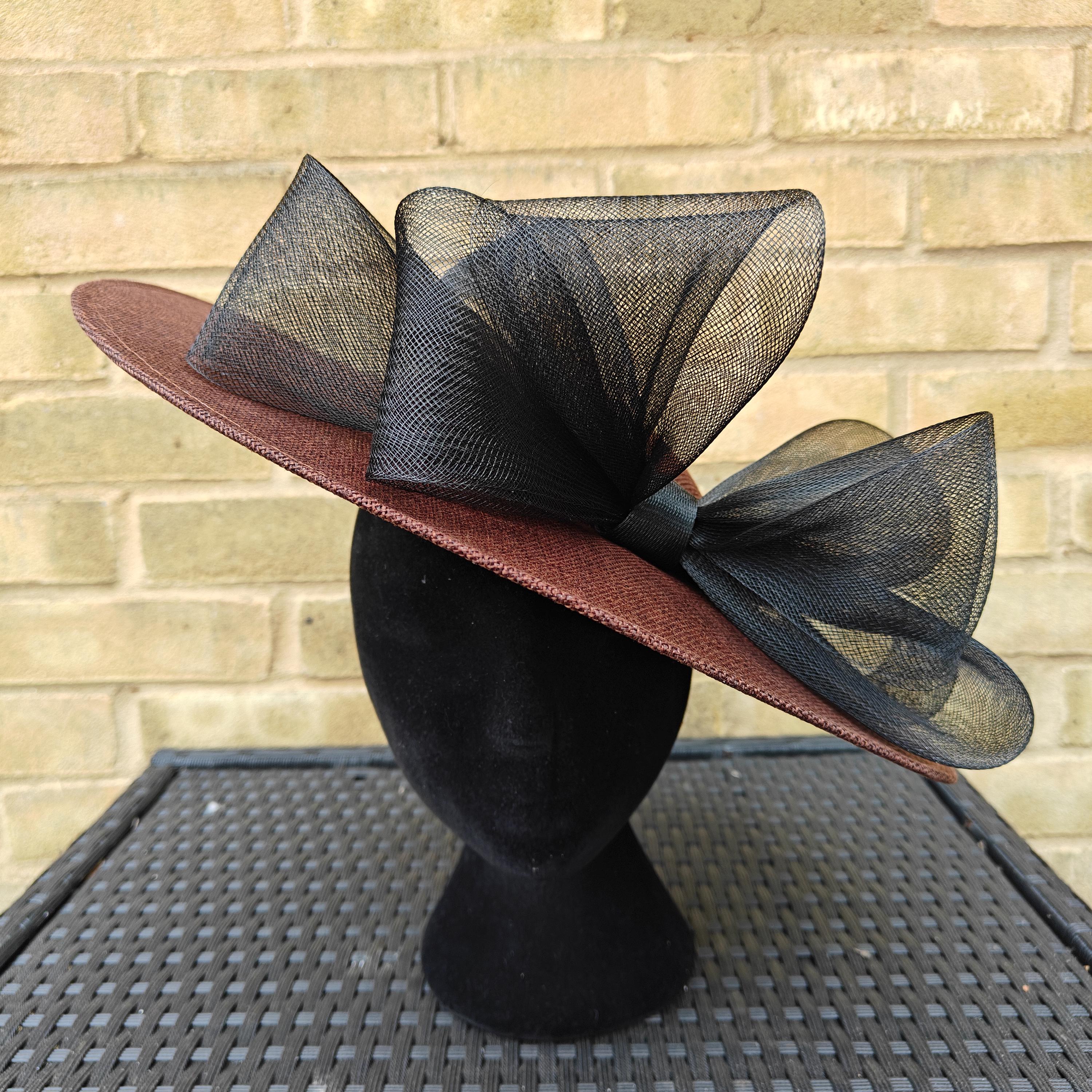 Eric Javits VTG Brown Black Velvet Color Block Grosgrain Bow Fascinator Hat EUC Salvatore Ferragamo Silk-Cotton Striped Sun Hat - Made in  main image 2