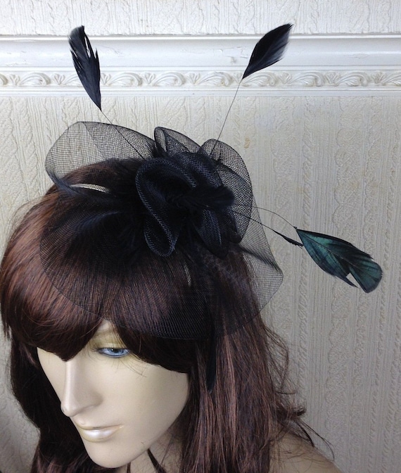 black feather fascinator millinery burlesque headband wedding hat hair piece