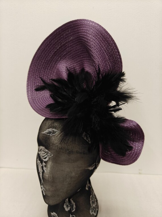 dark purple black large straw fascinator flower millinery burlesque wedding hat on headband ascot party race cosplay handmade unique design