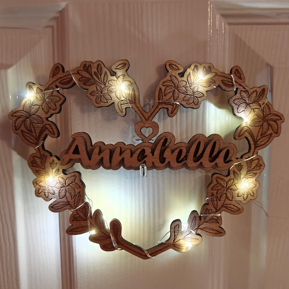 Personalised bespoke laser cut engrave wood name word desk table stand free standing wall door plaque card sign logo design fairy light