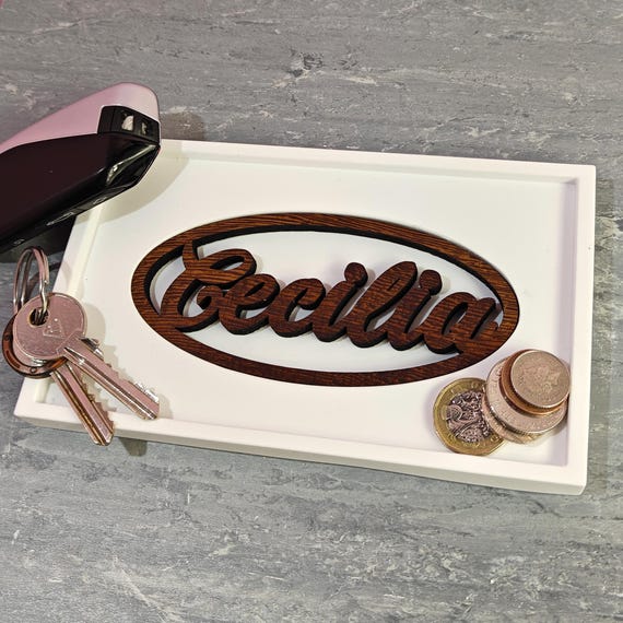Custom hand made personalised bespoke real hard solid wenge wood laser cut name word plaster gypsum jewellery trinket key tray dish plate
