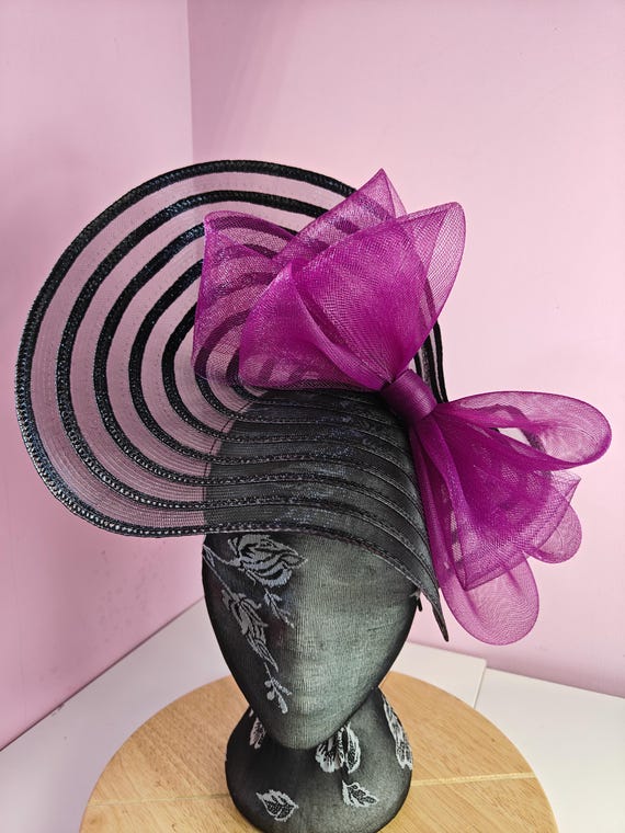 black plum pink straw crinoline bow fascinator millinery burlesque wedding hat headband royal ascot party house race cosplay Kentucky derby