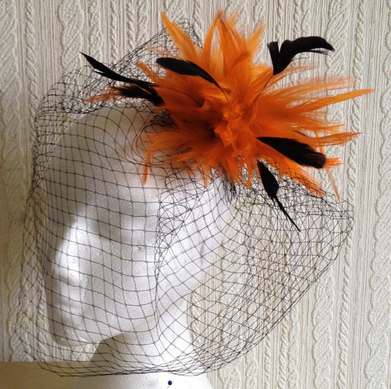 orange feather flower black french veil veiling fascinator millinery burlesque hair clip hen party bridal ascot race fancy dress british