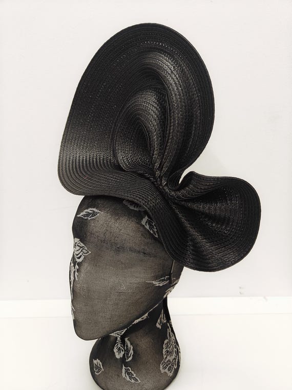 black large straw fascinator millinery burlesque wedding hat on headband ascot party race cosplay handmade unique design