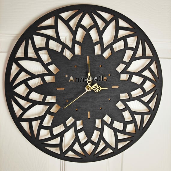 black custom made personalised bespoke wood wooden laser cut mandala pattern wall clock name word letter message birthday wedding gift