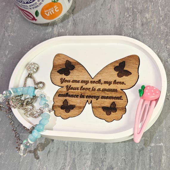 Custom hand made personalised bespoke real hard solid wood laser cut engraving plaster gypsum casting jewellery ring trinket key tray dish
