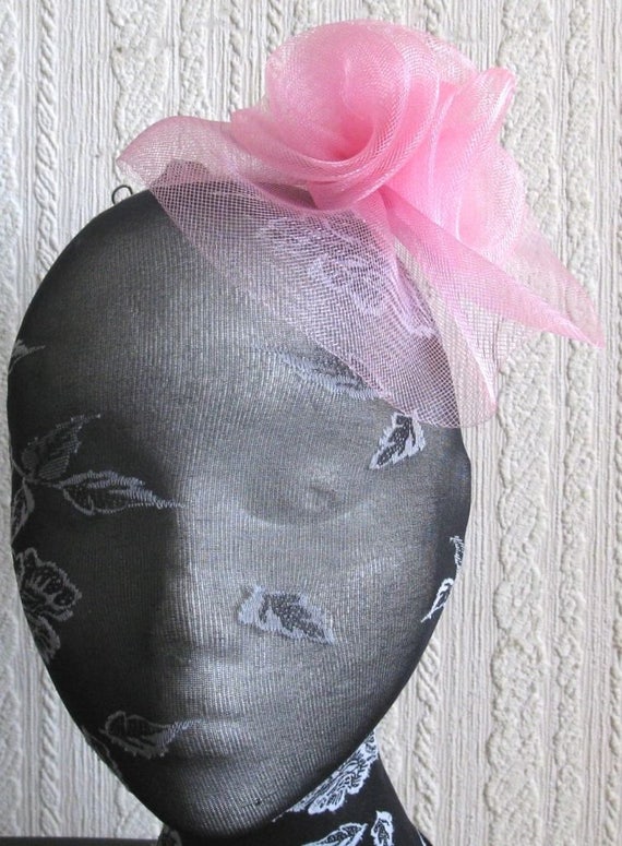 pink crin flower netting fascinator millinery burlesque hair clip brooch hen party bridal ascot race fancy dress british