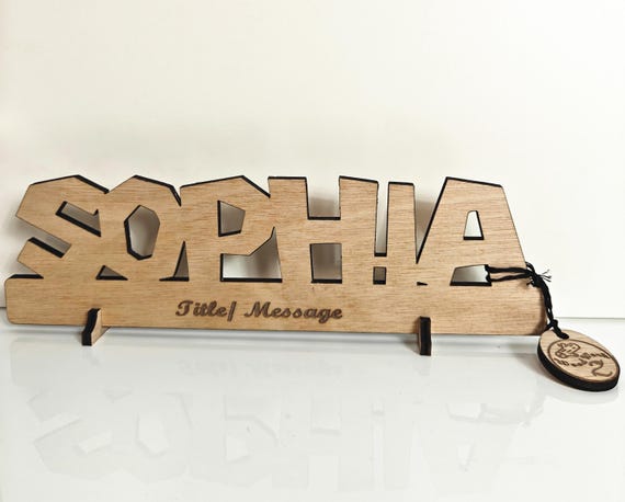 Personalised bespoke custom made laser cut engraved wood name word desk table stand free standing wall door plaque  sign logo design service