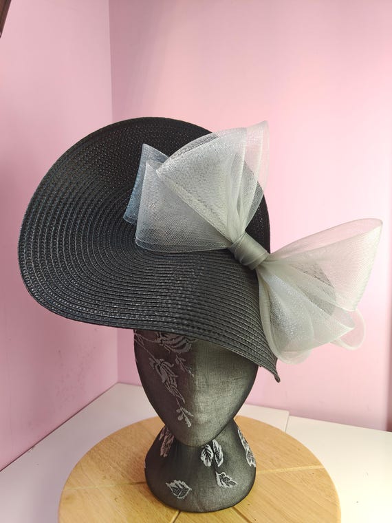 black grey straw crinoline bow fascinator millinery burlesque wedding hat on headband royal ascot party house race cosplay Kentucky derby